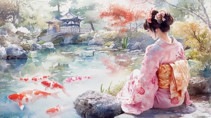 Serene Japanese garden scene featuring a woman in traditional attire by a koi pond with vibrant foliage