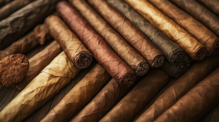 Assorted cigars with varied shades and textures on wooden surface
