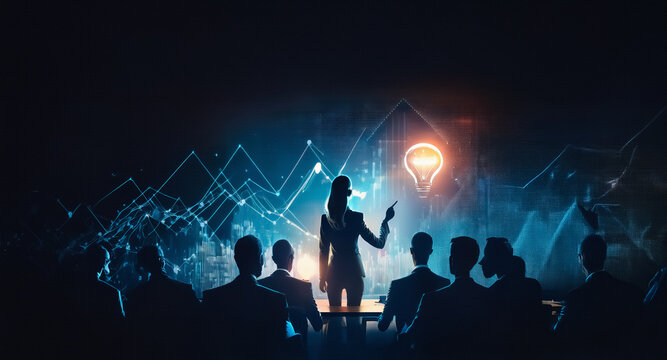 A woman presents innovative concepts to an audience in a dimly lit space, highlighted by glowing lines and a central lightbulb representing a bright idea.