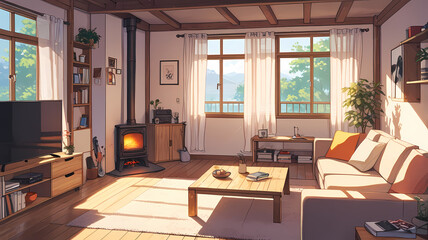 Fototapeta premium Cozy home interior in anime style