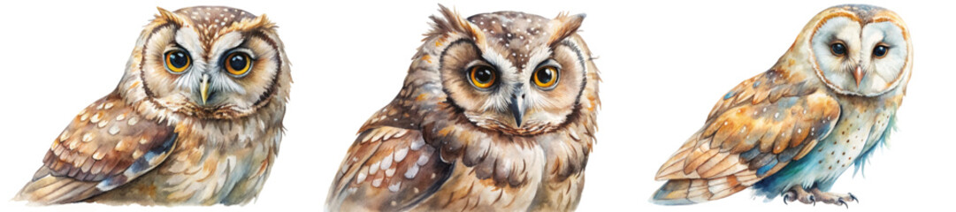 Realistic owl illustrations, watercolor style, detailed feathers, wildlife art, nature-inspired design, educational purpose.