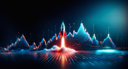 A rocket launches from a vibrant digital landscape of glowing blue and orange mountain graphs against a dark backdrop, symbolizing data growth and technological advancement.