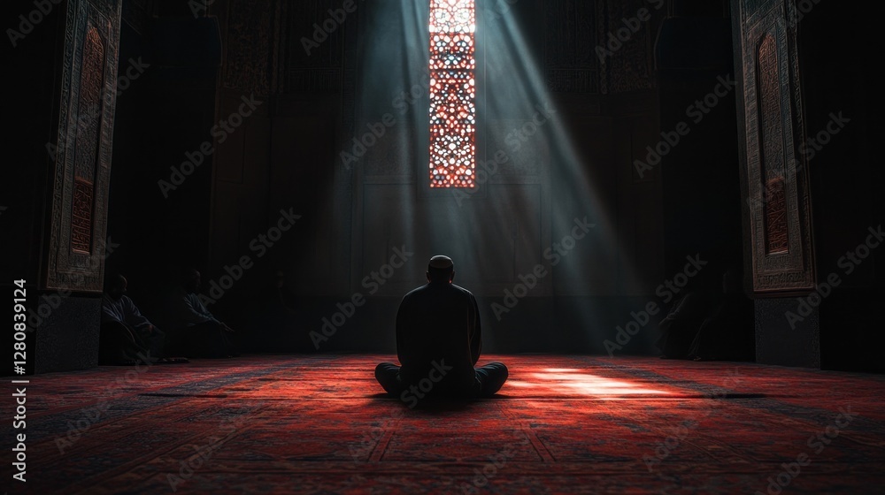 Poster inside the ancient mosque, a solitary figure sits in deep meditation, bathed in a single ray of ligh