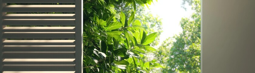 Obraz premium Bright Green Leaves Framing A Sunlit Window With Shutters in a Peaceful Indoor Environment
