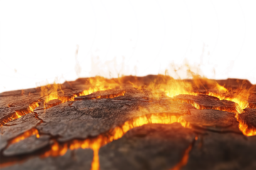 Cracked burning earth texture with rising heat fire waves isolated on transparent white background