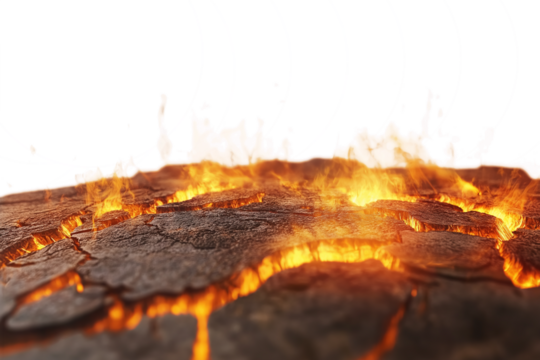 Cracked burning earth texture with rising heat fire waves isolated on transparent white background