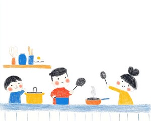 Happy Children Cooking in a Brightly Colored Kitchen Illustration