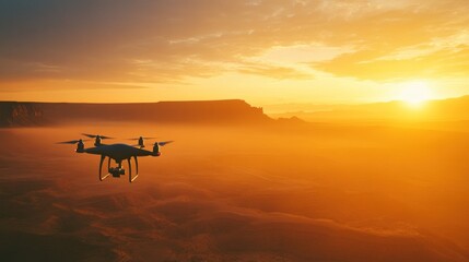 Drone captures breathtaking aerial views of desert landscape at sunset
