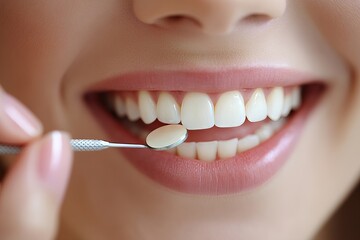 Fototapeta premium Dentist applying sample from tooth enamel scale to happy young woman patient teeth to pick up right shade, teeth bleaching procedure