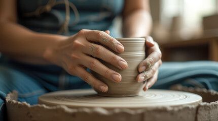 Close-up of a woman potter hands delicately shaping wet clay on a spinning pottery wheel. Craftsmanship, creativity, and the art of ceramics in a peaceful studio setting.