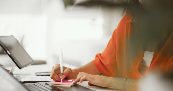 Writing, schedule and hands with notes, office and secretary with info for reminder, closeup and desk. Administration, receptionist and person with list for meeting, table and planning for business