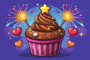 vector of Chocolate Cupcake With Sparkler And Hearts Of Lights