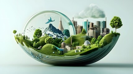 Sustainable industry carbon neutral factories and clean energy infrastructure in a futuristic eco friendly cityscape with a minimalist 3D style  The scene depicts a vision of a green