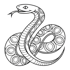 Fototapeta premium Detailed Snake Illustration: Black and White Line Art of Coiled Serpent with Intricate Circle Patterns for Coloring Pages & Tattoo Designs