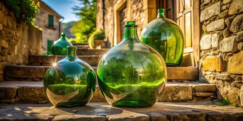 Fototapeta premium Aged green glass bottles, a sunlit Italian still life, whispers tales of rustic beauty.