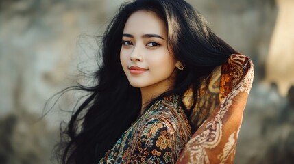 Naklejka premium Young woman with flowing hair wearing a patterned shawl, smiling against a textured backdrop
