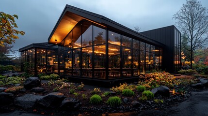 Fototapeta premium Modern Glass House Restaurant Evening Exterior Lush Garden