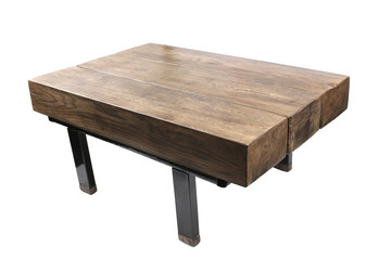 Wooden Oak Coffee Table isolated on white background. Handmade wooden table made of massive oak logs in an industrial style.