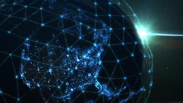 Global network connecting a map of America with futuristic lines and nodes. Communication technologies for internet business. Worldwide network and telecommunications on earth. High quality 4k footage