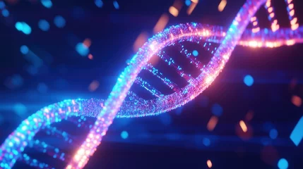 Colorful depiction of a DNA double helix glowing in blue and pink lights against a dark background © Maryna