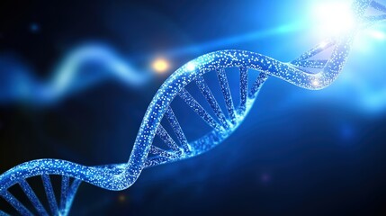 Curved DNA strand illuminated with blue light showcasing genetic structure and complexity in scientific research