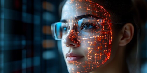 Woman, Tech Face Scan, Server Room