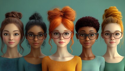 Fototapeta premium Five Stylized Characters with Unique Hairstyles and Colorful Tops on Teal
