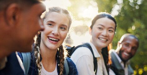 Hiking, nature and people with conversation, fitness and relax with weekend break, happiness and adventure. Group, outdoor and friends with discussion, journey and hobby with smile and calm in forest
