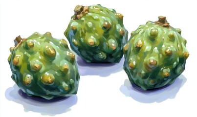 Naklejka premium Three vibrant green spiky fruits arranged on a white surface, highlighting their unique texture and shape