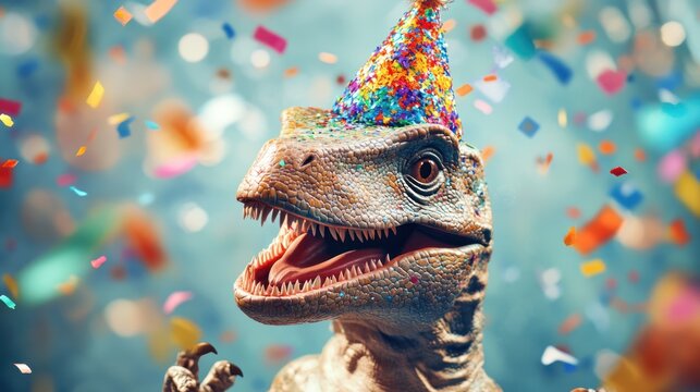 T-Rex dinosaur in party hat.