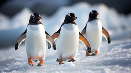 Obraz premium Three Gentoo Penguins Walking on Antarctic Ice a Breathtaking Winter Scene in the Polar Regions