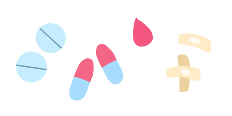 Treatment icons set. Set of medical icons such as medicine, pill, medical pills, bandage, blood, band aid. Vector illustration.