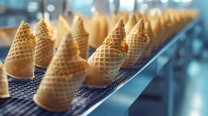 Ice cream cones on conveyor belt. (1)