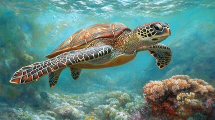 AI Generate A Majestic Green Sea Turtle Swimming Gracefully In Clear Turquoise Waters
