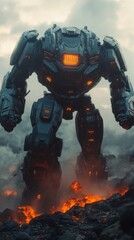 Fototapeta premium Giant Robot Mechas Running in Volcanic Landscape, Futuristic Battle Scene, Sci-Fi Concept Art