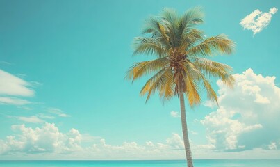 Fototapeta premium Serene Tropical Beach with Palm Tree Against Vibrant Blue Sky and Clouds, Summer Vacation Getaway Concept, Vintage Tone Filter