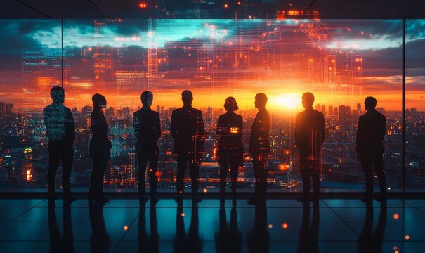 Multinational Team Embracing Digital Transformation with System Engineering Concepts Diverse Group of Professionals in Technology at Sunset, Futuristic Network