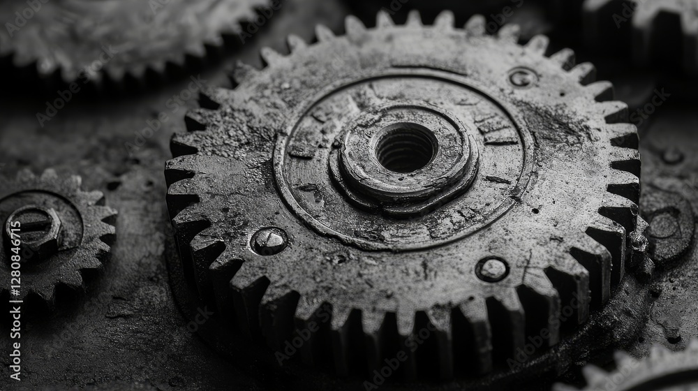 Poster detailed view of interlinked metal gears constructing a sophisticated mechanical framework