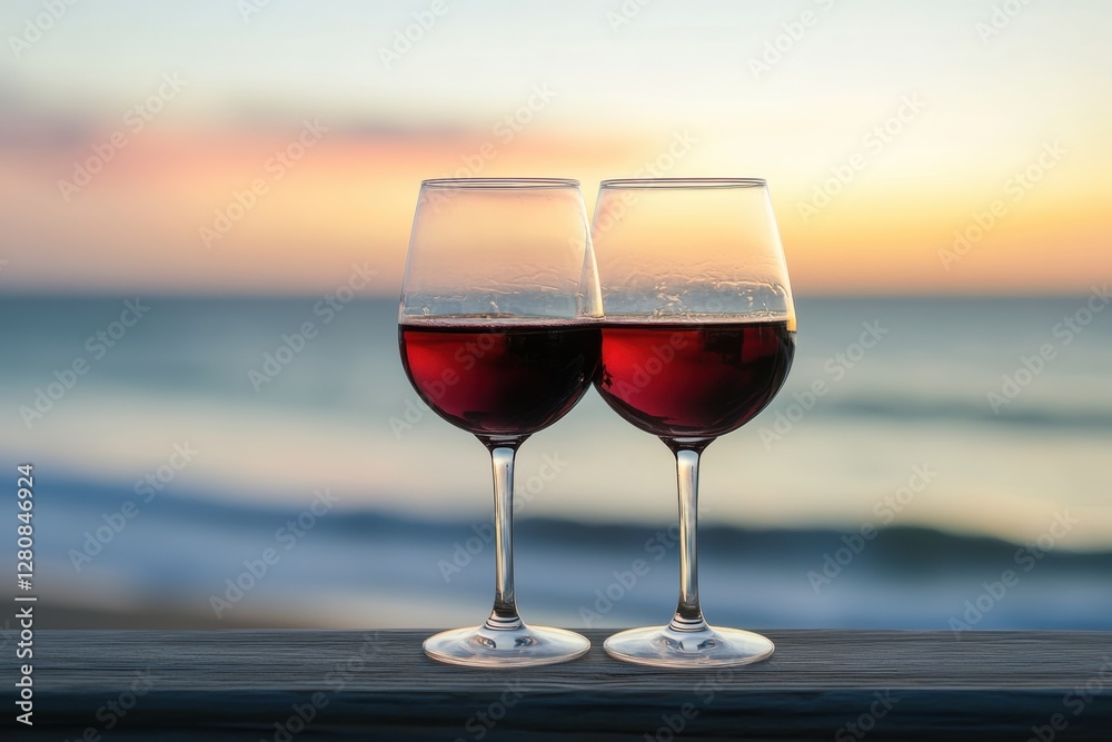 Aufkleber Enjoying two glasses of red wine at sunset by the ocean shore with soft waves and vibrant colors in the background. Generative AI