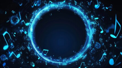 A circular frame surrounded by vibrant blue music notes, designed for event announcements or musical highlights. 