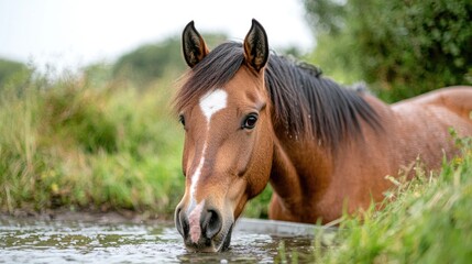 Obraz premium Horse drinking from a shallow pond, field background, countryside scene, potential use for nature photography