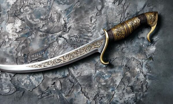 Ornate scimitar on textured stone background, detailed hilt