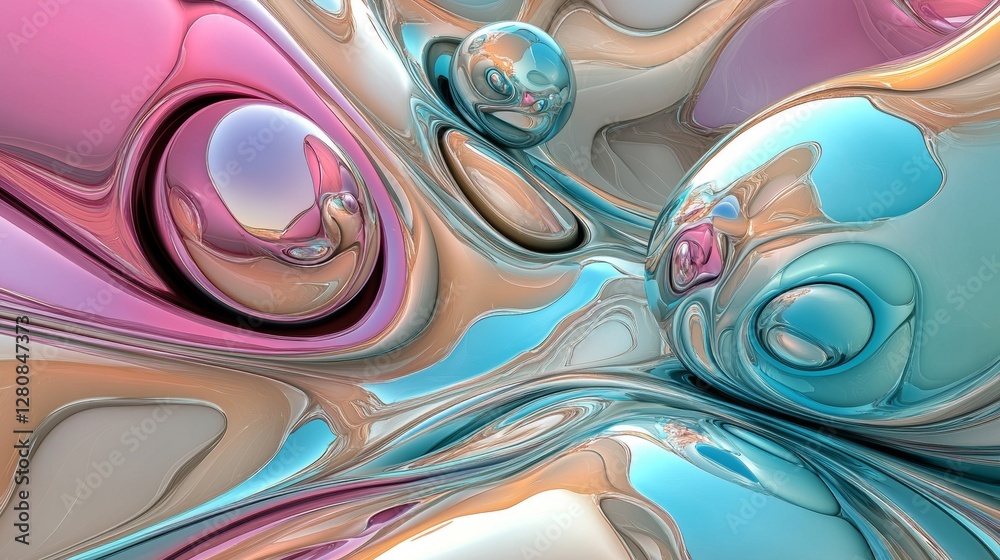 Poster gleaming spheres producing fluid waves with dazzling reflections in a simple setting
