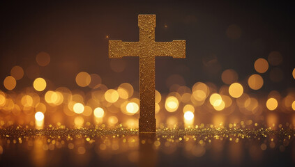 textured cross on golden bokeh lights background