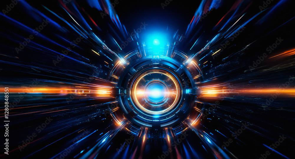 Poster abstract futuristic design featuring a central glowing circle with radiating blue and orange lines. 