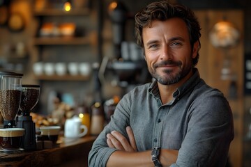 Fototapeta premium a confident business owner standing behind the counter of a stylish coffee shop, arms crossed, smiling. small business, entrepreneurship