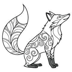 Fox Coloring Page: Intricate Zentangle Style Illustration of a Sitting Fox with Detailed Patterns for Adult Coloring Enthusiasts