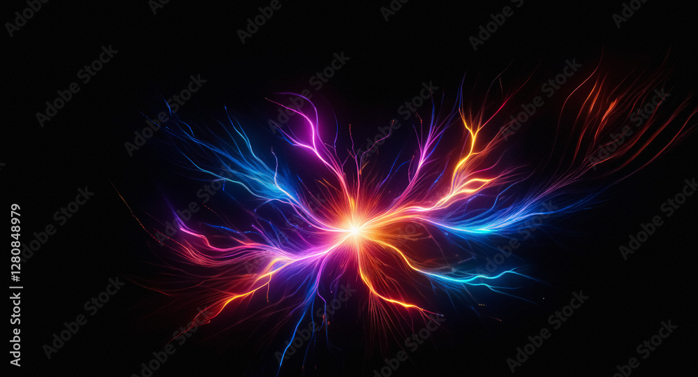 Aufkleber A radiant burst of energy emanates from a central point, sending vibrant streams of light in various directions against a dark, contrasting backdrop, creating a dynamic and abstract visual.