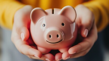 Person holding a piggy bank with both hands, emphasizing careful money management