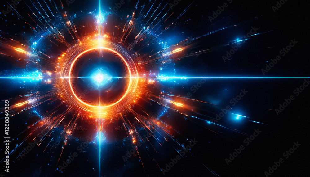 Poster abstract glowing circular center with orange and blue radiating streaks on dark background, creating